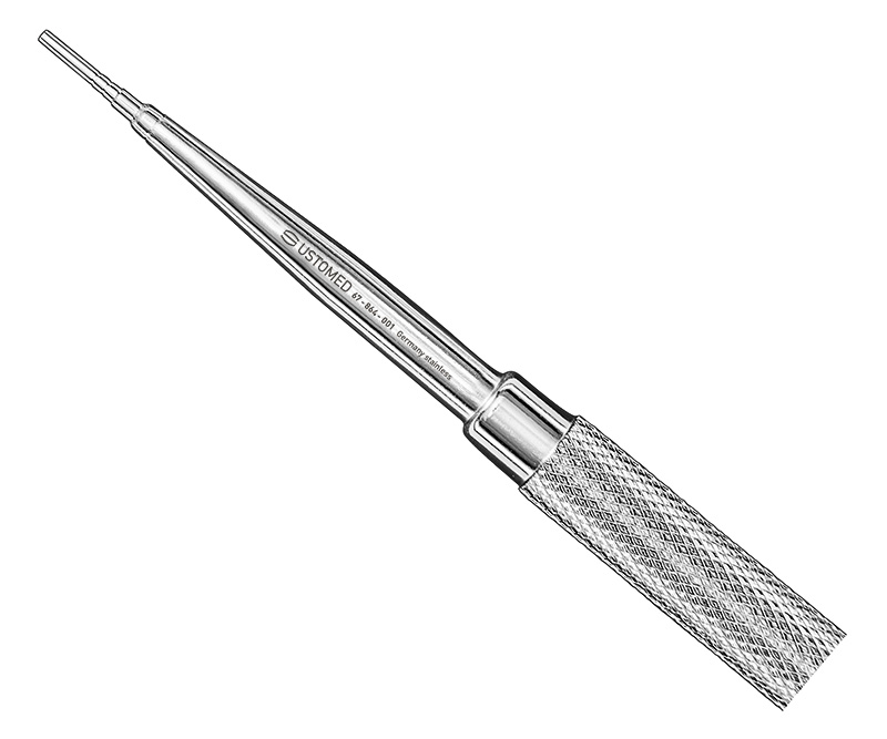 Bone Condenser, mod. S., Figur 1, Schaft gerade, Arbeitsteil stufenförmig konisch, Spitze konkav
