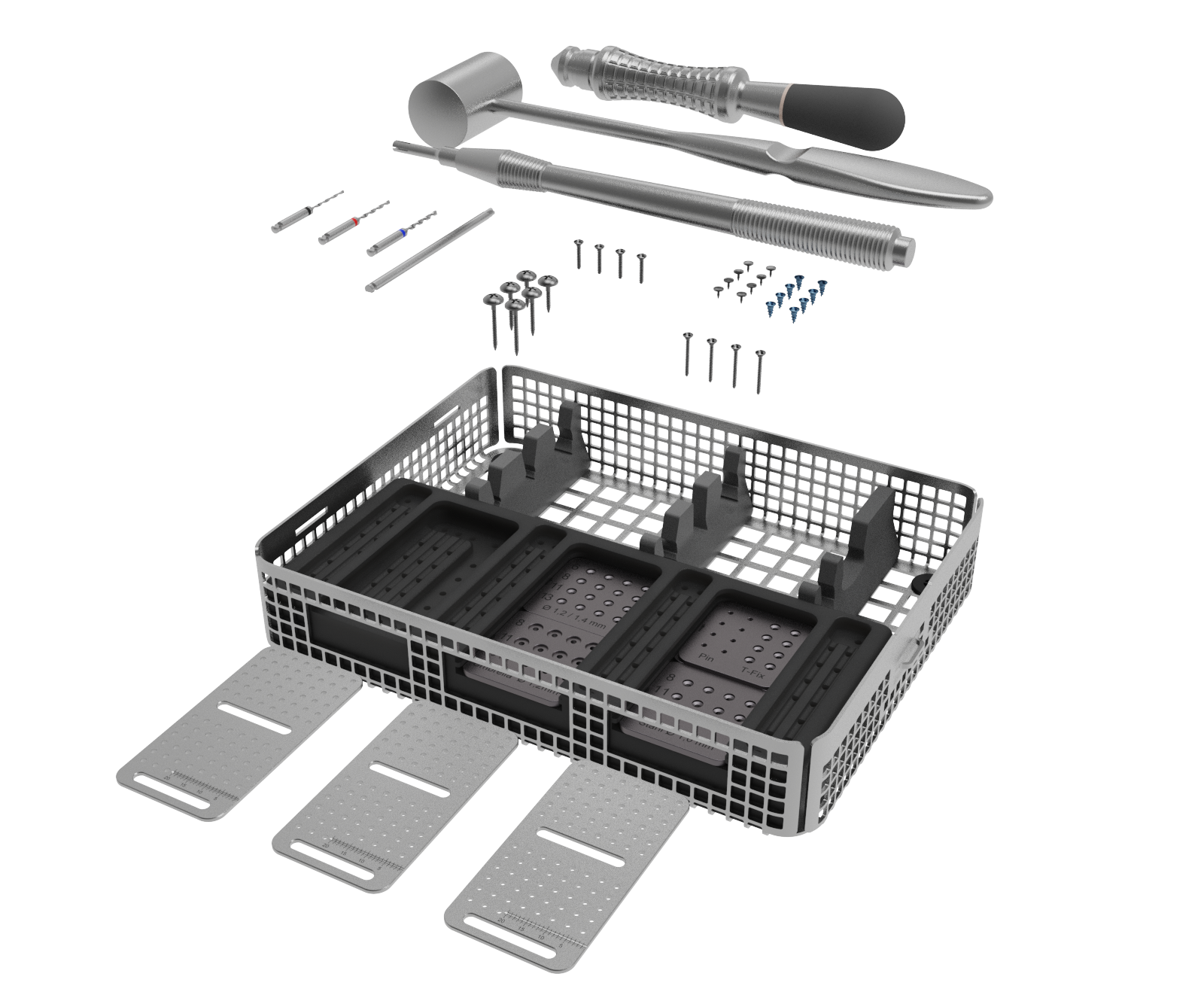 Bone-Fixation-Set, ¶ 1, 0/1, 2/1, 4/1, 6mm Titan, consisting of: Box, Screwdriver, Selfret, Screws, drill