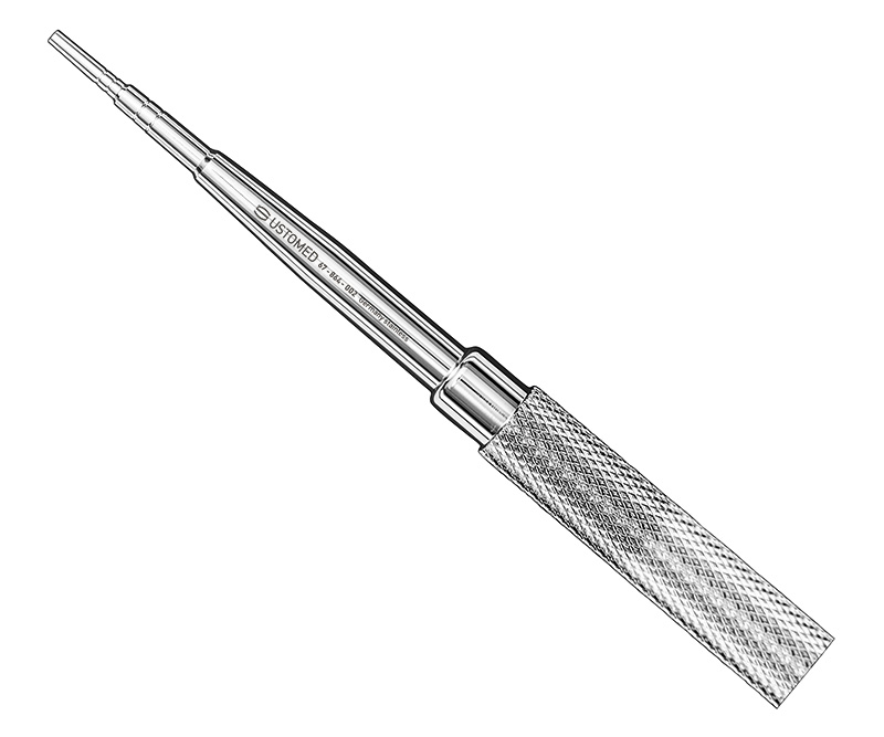Bone Condenser, mod. S., Figur 2,  Schaft gerade, Arbeitsteil stufenförmig konisch, Spitze konkav